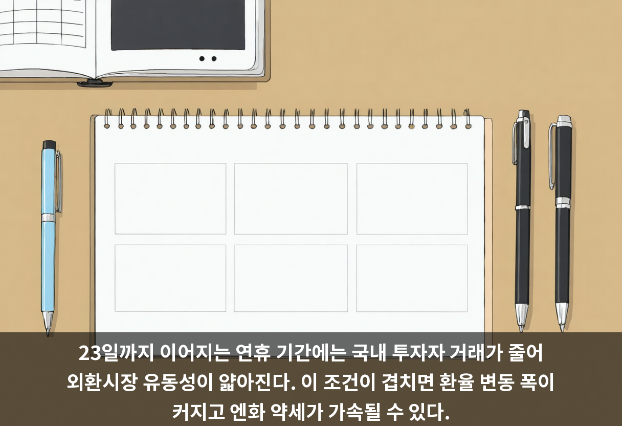 23일까지 이어지는 연휴 기간에는 국내 투자자 거래가 줄어 외환시장 유동성이 얇아진다. 이 조건이 겹치면 환율 변동 폭이 커지고 엔화 약세가 가속될 수 있다.