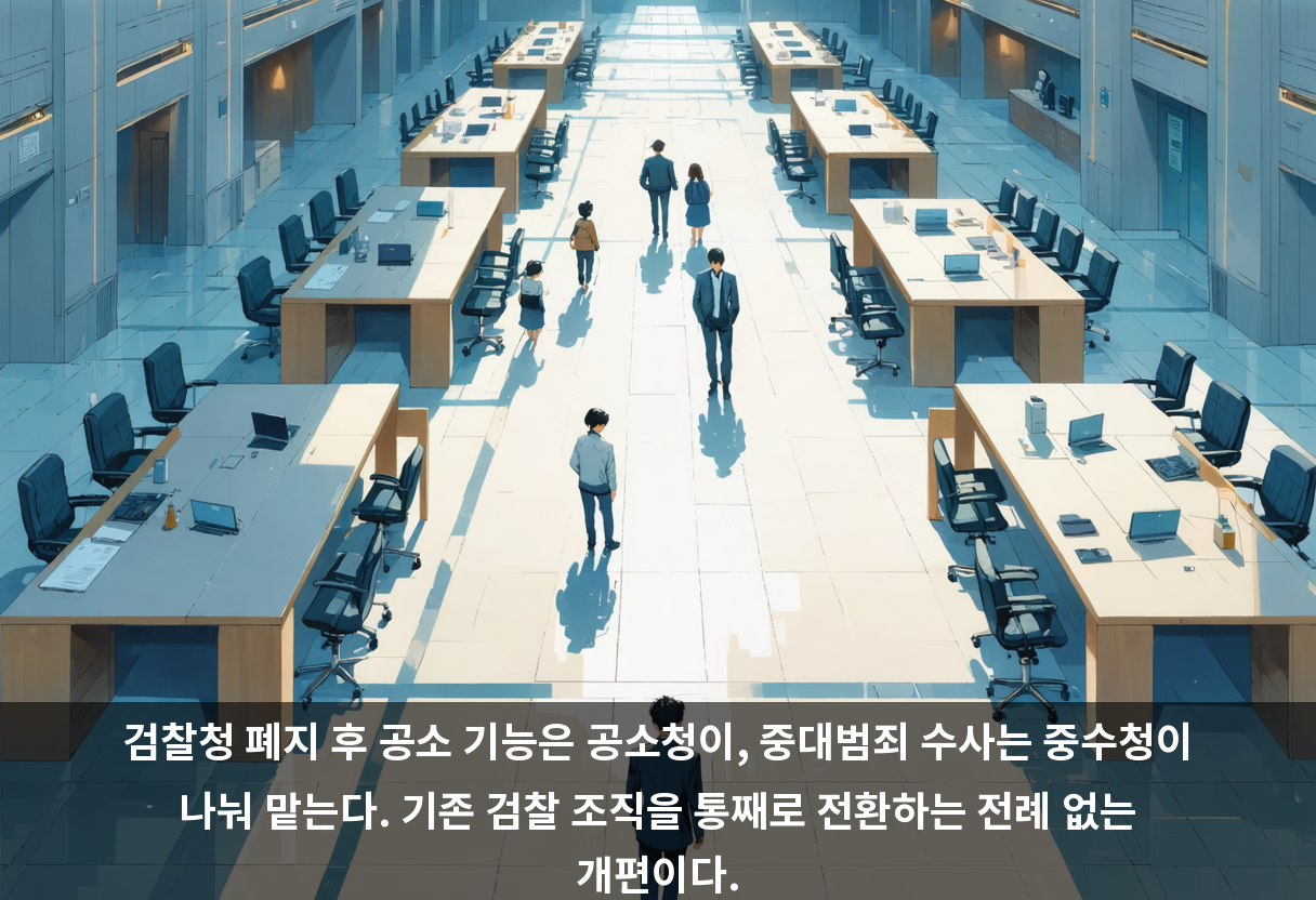 검찰청 폐지 후 공소 기능은 공소청이, 중대범죄 수사는 중수청이 나눠 맡는다. 기존 검찰 조직을 통째로 전환하는 전례 없는 개편이다.
