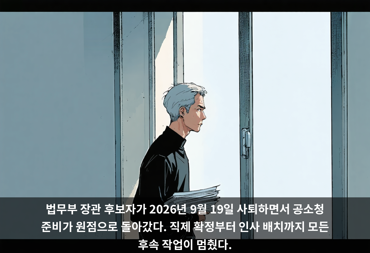 법무부 장관 후보자가 2026년 9월 19일 사퇴하면서 공소청 준비가 원점으로 돌아갔다. 직제 확정부터 인사 배치까지 모든 후속 작업이 멈췄다.