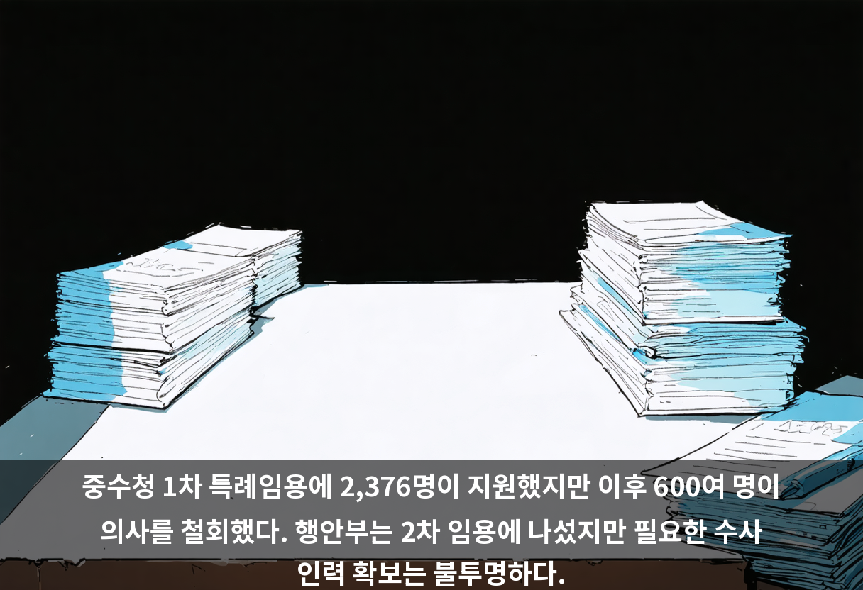 중수청 1차 특례임용에 2,376명이 지원했지만 이후 600여 명이 의사를 철회했다. 행안부는 2차 임용에 나섰지만 필요한 수사 인력 확보는 불투명하다.