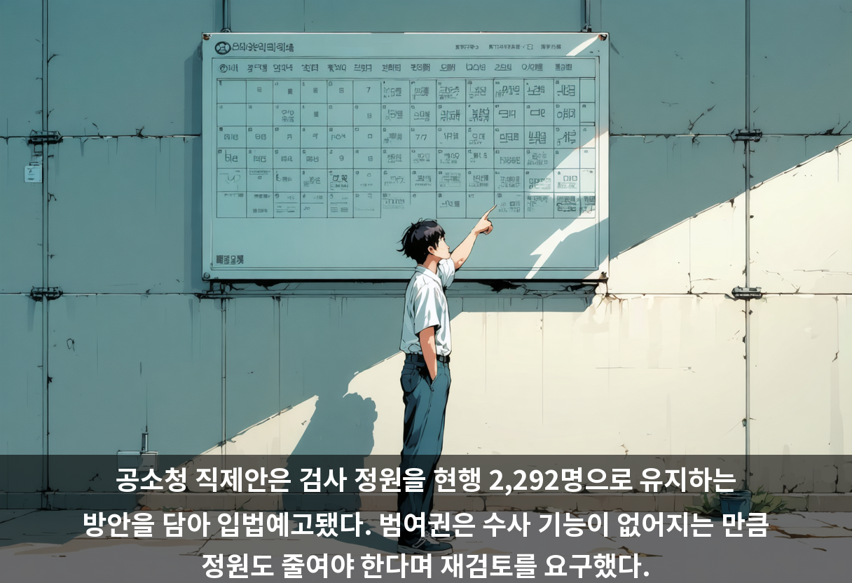 공소청 직제안은 검사 정원을 현행 2,292명으로 유지하는 방안을 담아 입법예고됐다. 범여권은 수사 기능이 없어지는 만큼 정원도 줄여야 한다며 재검토를 요구했다.
