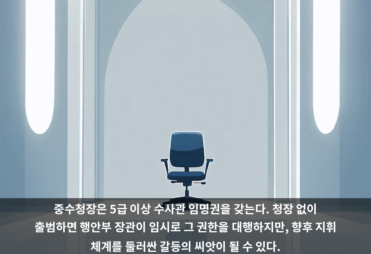 중수청장은 5급 이상 수사관 임명권을 갖는다. 청장 없이 출범하면 행안부 장관이 임시로 그 권한을 대행하지만, 향후 지휘 체계를 둘러싼 갈등의 씨앗이 될 수 있다.