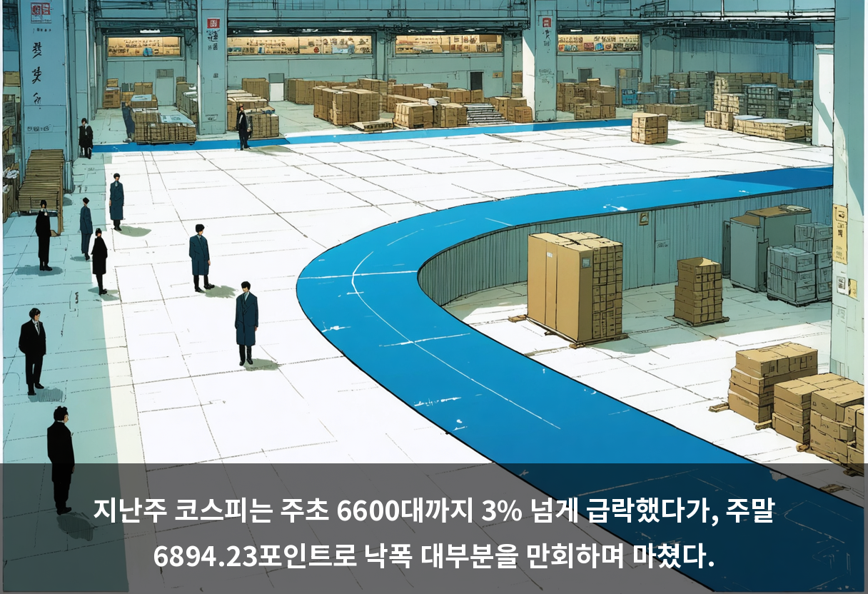 지난주 코스피는 주초 6600대까지 3% 넘게 급락했다가, 주말 6894.23포인트로 낙폭 대부분을 만회하며 마쳤다.