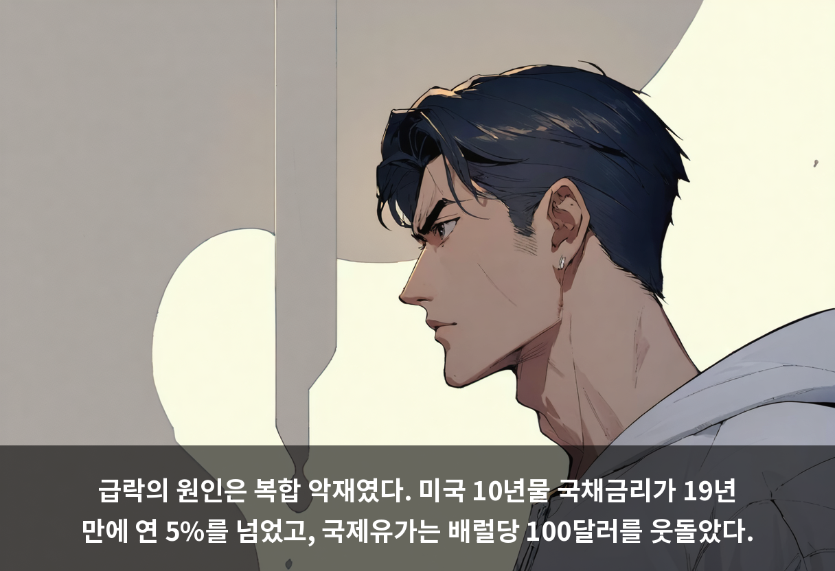 급락의 원인은 복합 악재였다. 미국 10년물 국채금리가 19년 만에 연 5%를 넘었고, 국제유가는 배럴당 100달러를 웃돌았다.
