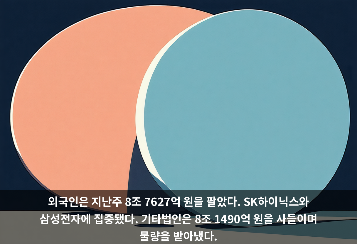외국인은 지난주 8조 7627억 원을 팔았다. SK하이닉스와 삼성전자에 집중됐다. 기타법인은 8조 1490억 원을 사들이며 물량을 받아냈다.