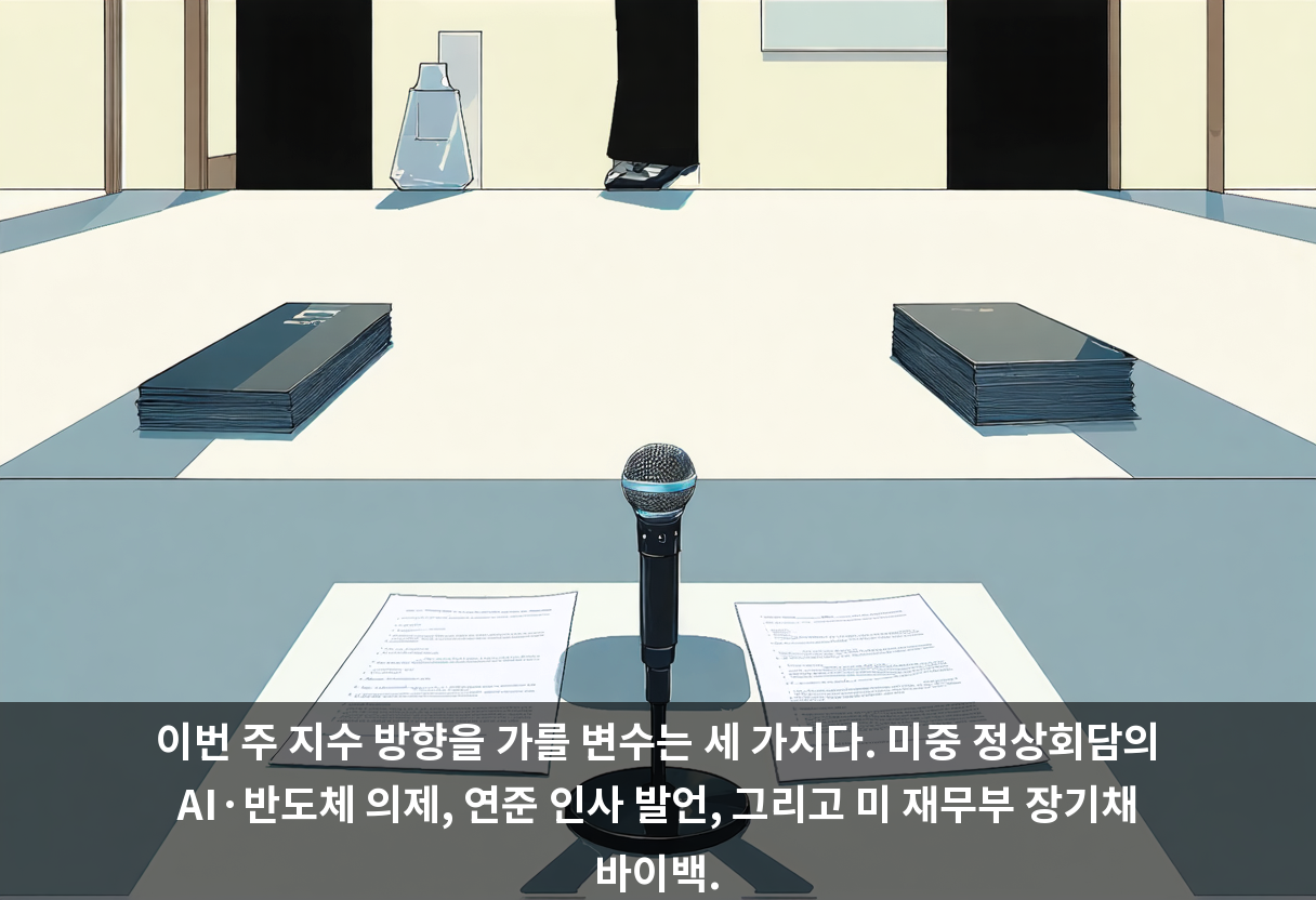 이번 주 지수 방향을 가를 변수는 세 가지다. 미중 정상회담의 AI·반도체 의제, 연준 인사 발언, 그리고 미 재무부 장기채 바이백.