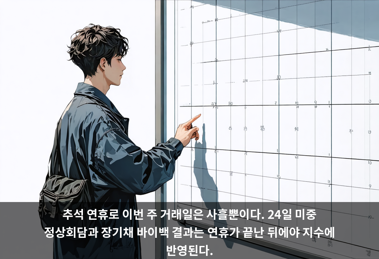 추석 연휴로 이번 주 거래일은 사흘뿐이다. 24일 미중 정상회담과 장기채 바이백 결과는 연휴가 끝난 뒤에야 지수에 반영된다.