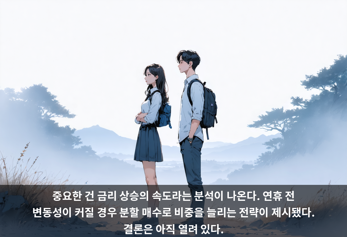 중요한 건 금리 상승의 속도라는 분석이 나온다. 연휴 전 변동성이 커질 경우 분할 매수로 비중을 늘리는 전략이 제시됐다. 결론은 아직 열려 있다.