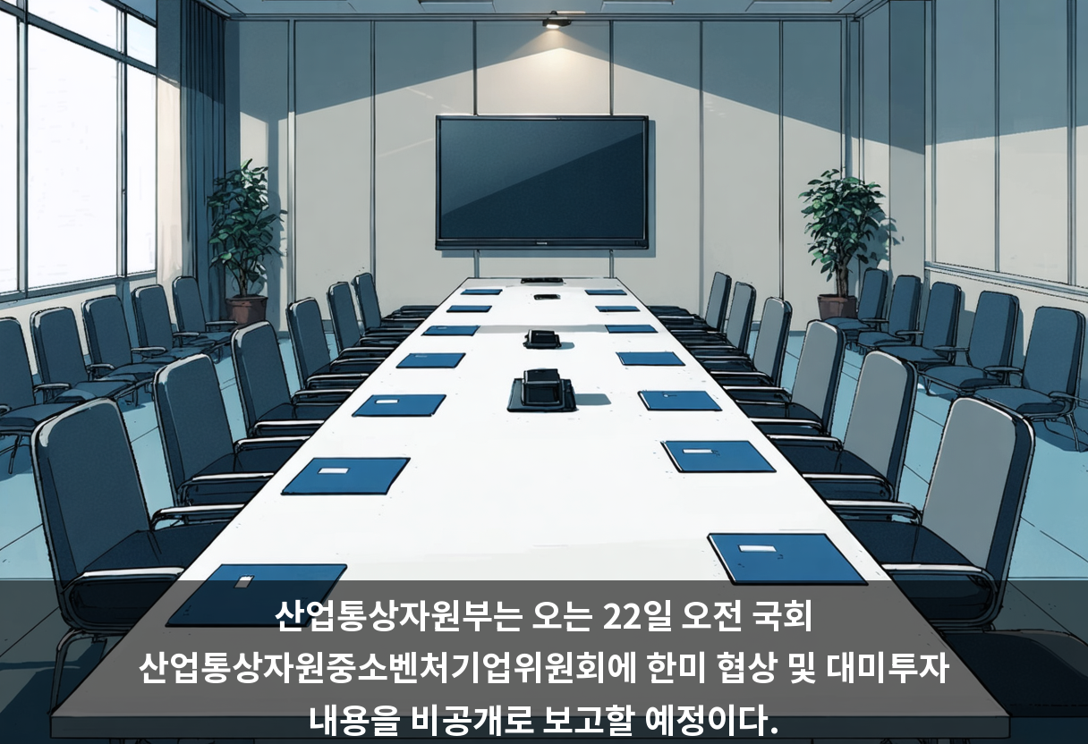 산업통상자원부는 오는 22일 오전 국회 산업통상자원중소벤처기업위원회에 한미 협상 및 대미투자 내용을 비공개로 보고할 예정이다.