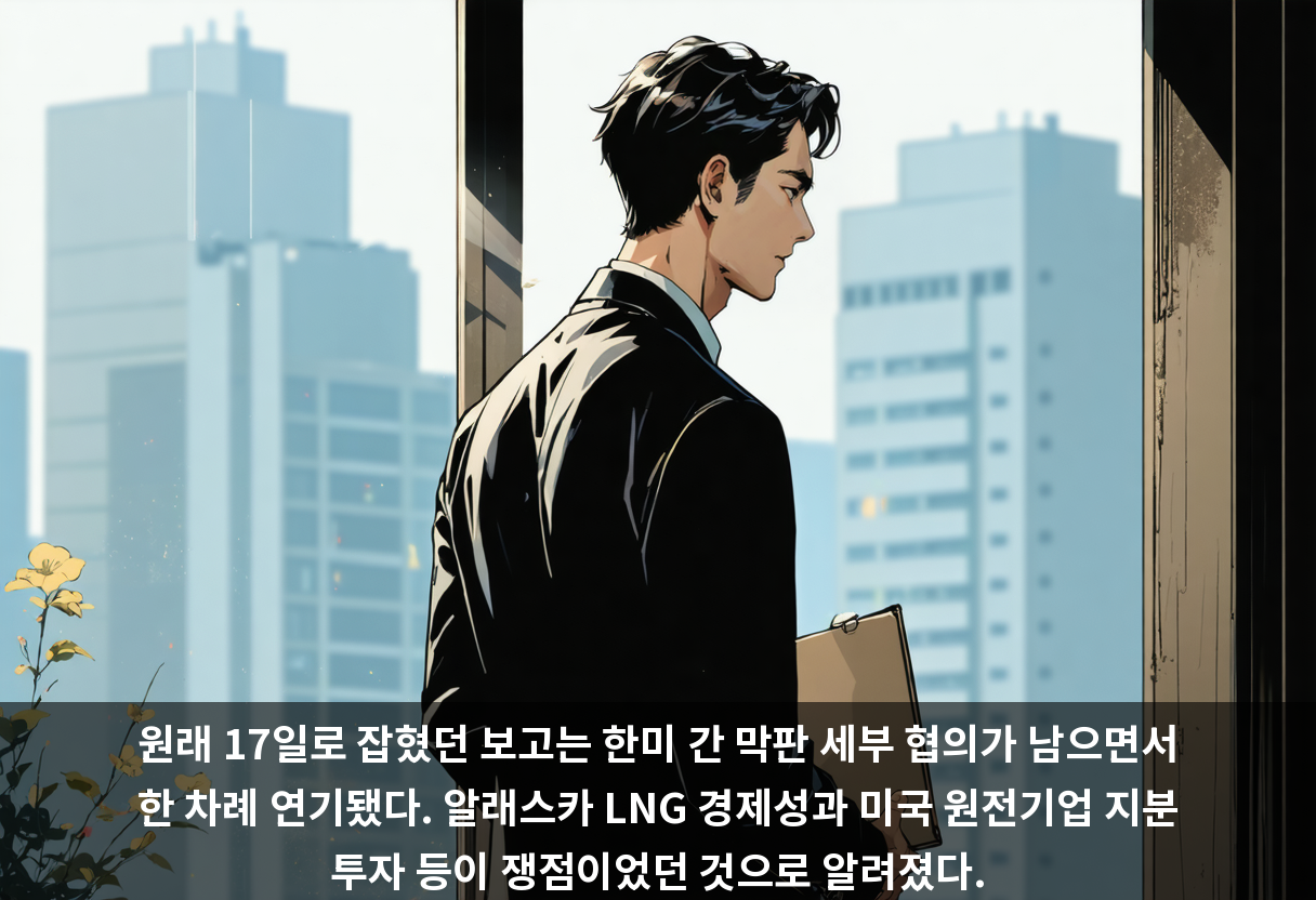 원래 17일로 잡혔던 보고는 한미 간 막판 세부 협의가 남으면서 한 차례 연기됐다. 알래스카 LNG 경제성과 미국 원전기업 지분 투자 등이 쟁점이었던 것으로 알려졌다.
