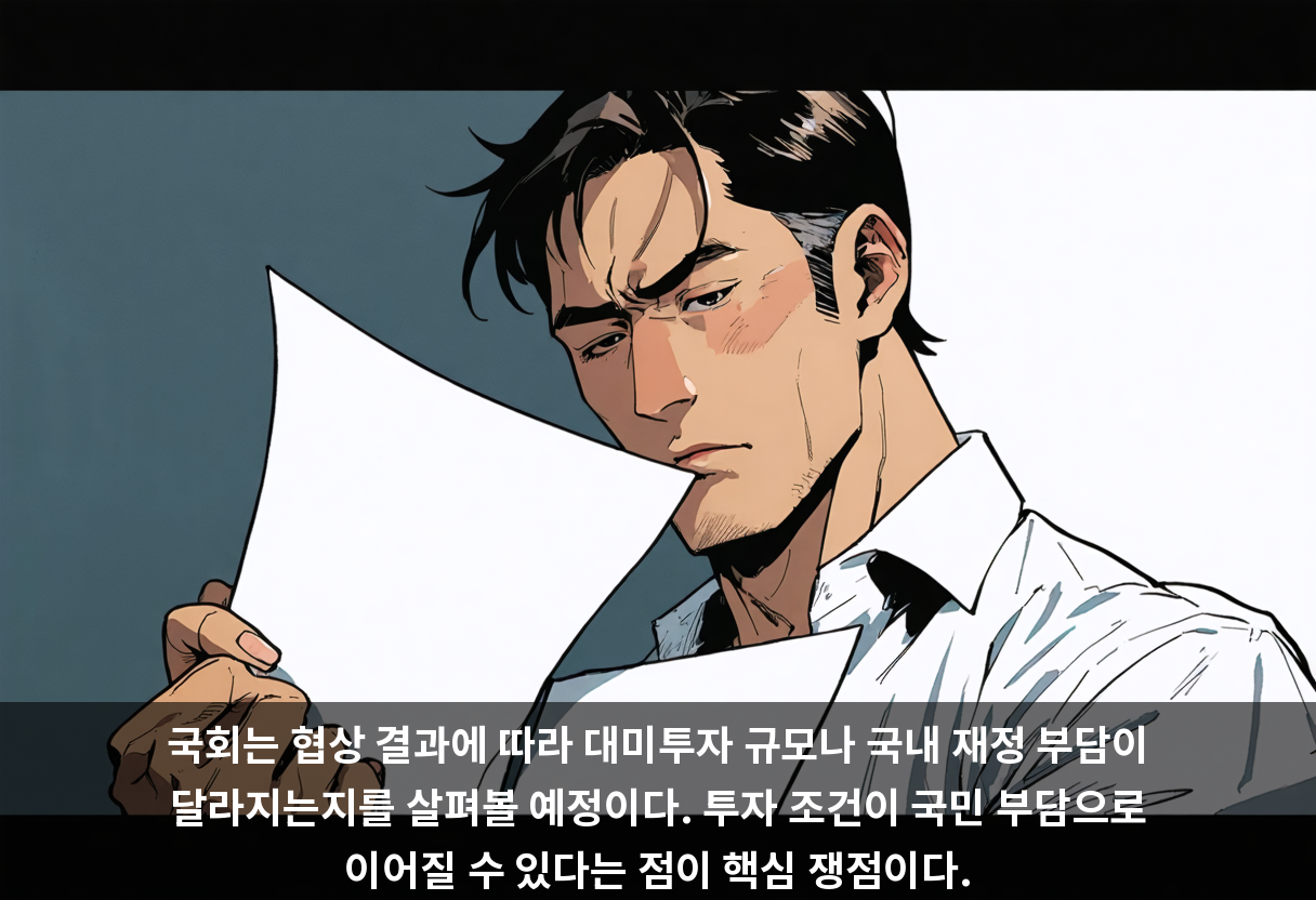국회는 협상 결과에 따라 대미투자 규모나 국내 재정 부담이 달라지는지를 살펴볼 예정이다. 투자 조건이 국민 부담으로 이어질 수 있다는 점이 핵심 쟁점이다.