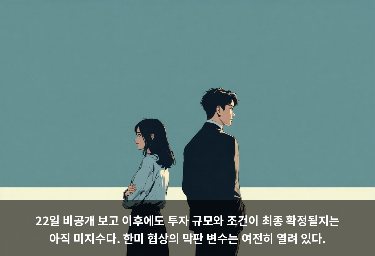 22일 비공개 보고 이후에도 투자 규모와 조건이 최종 확정될지는 아직 미지수다. 한미 협상의 막판 변수는 여전히 열려 있다.