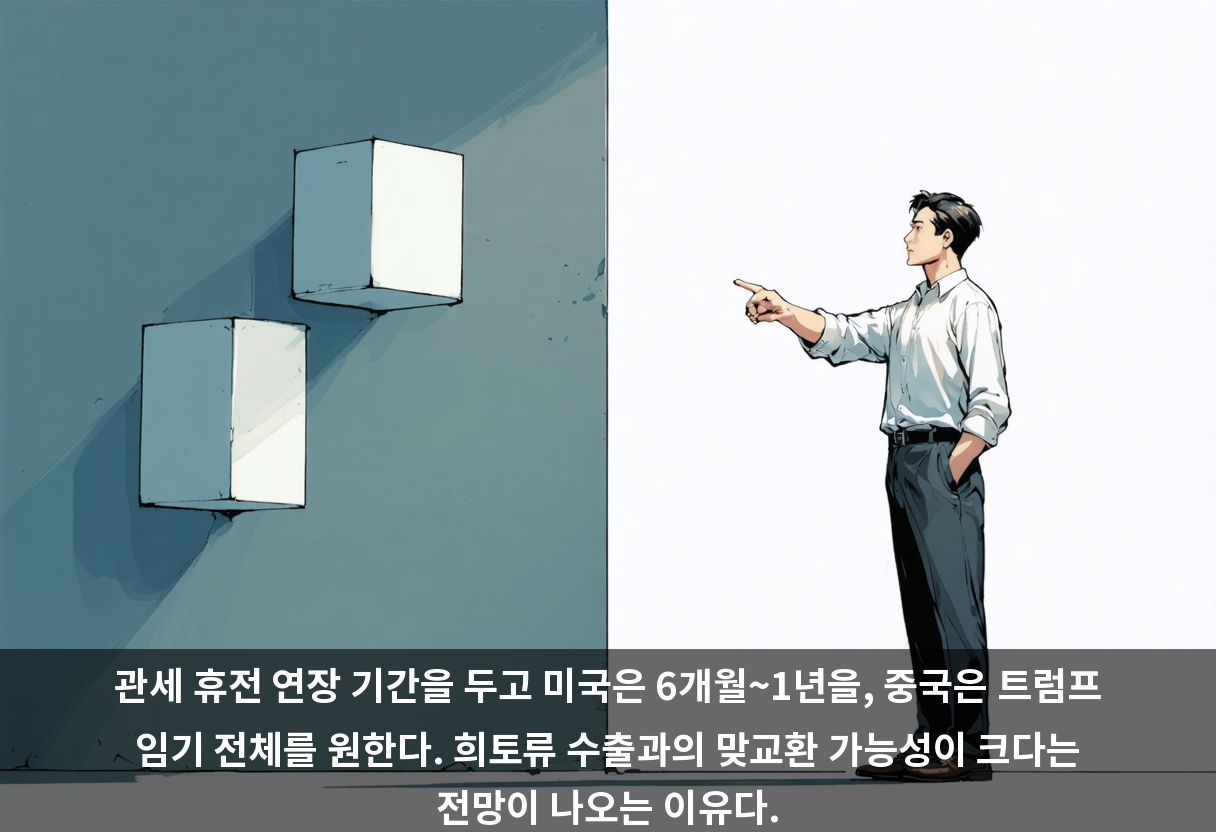 관세 휴전 연장 기간을 두고 미국은 6개월~1년을, 중국은 트럼프 임기 전체를 원한다. 희토류 수출과의 맞교환 가능성이 크다는 전망이 나오는 이유다.