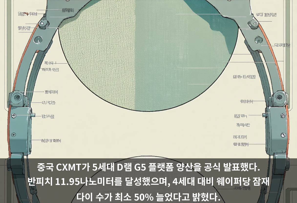 중국 CXMT가 5세대 D램 G5 플랫폼 양산을 공식 발표했다. 반피치 11.95나노미터를 달성했으며, 4세대 대비 웨이퍼당 잠재 다이 수가 최소 50% 늘었다고 밝혔다.