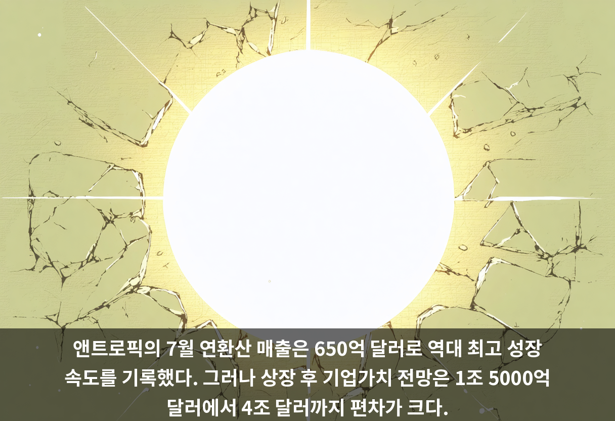 앤트로픽의 7월 연환산 매출은 650억 달러로 역대 최고 성장 속도를 기록했다. 그러나 상장 후 기업가치 전망은 1조 5000억 달러에서 4조 달러까지 편차가 크다.
