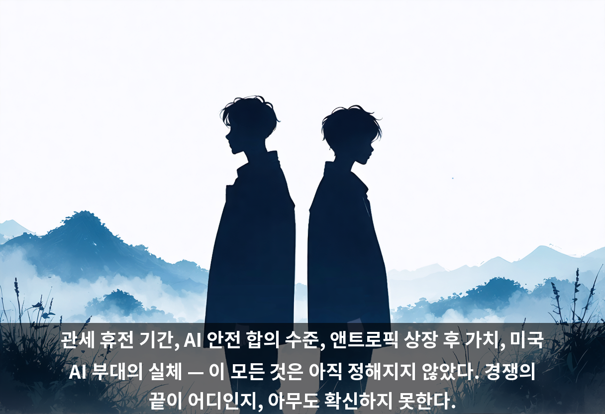 관세 휴전 기간, AI 안전 합의 수준, 앤트로픽 상장 후 가치, 미국 AI 부대의 실체 — 이 모든 것은 아직 정해지지 않았다. 경쟁의 끝이 어디인지, 아무도 확신하지 못한다.