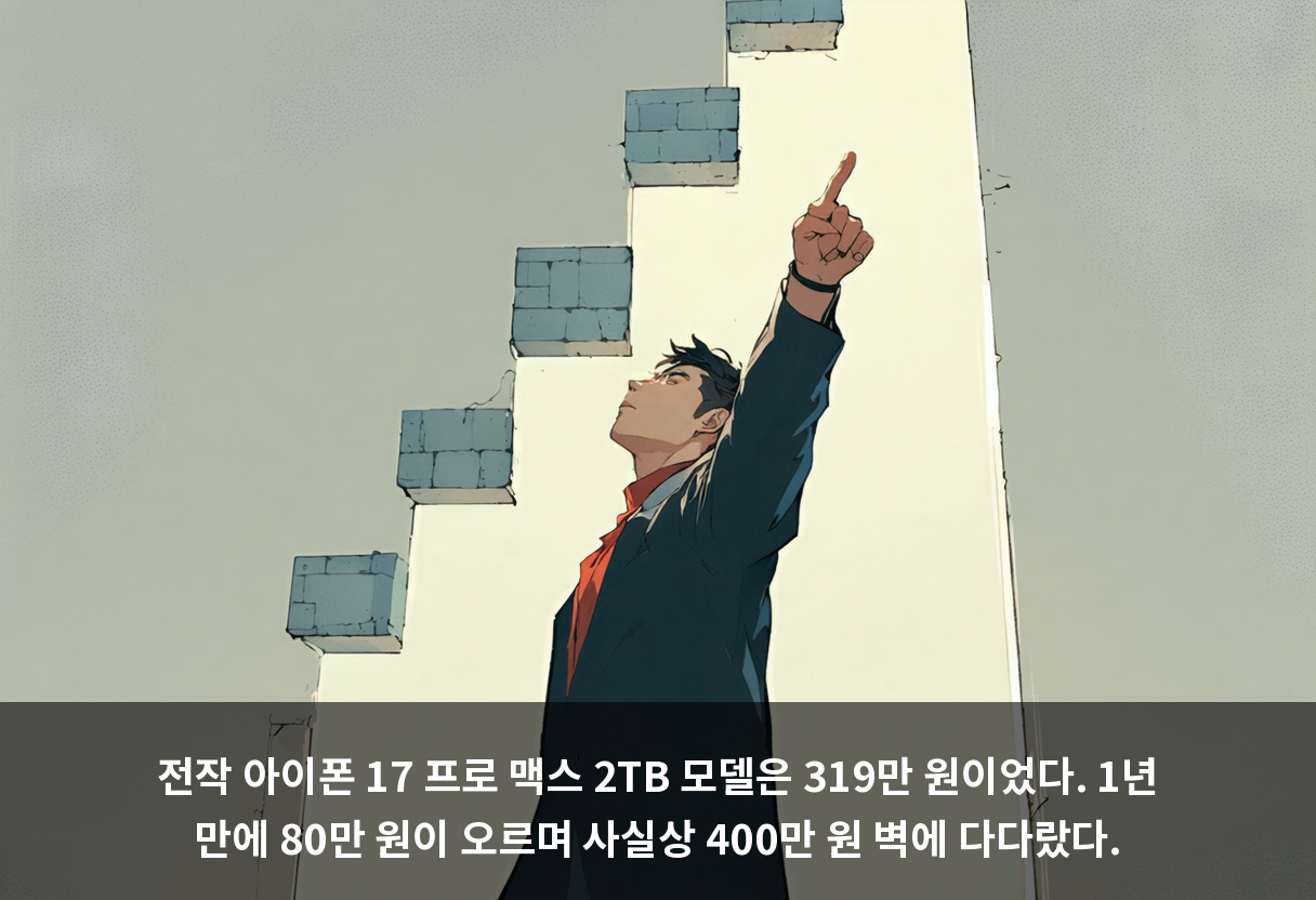 전작 아이폰 17 프로 맥스 2TB 모델은 319만 원이었다. 1년 만에 80만 원이 오르며 사실상 400만 원 벽에 다다랐다.