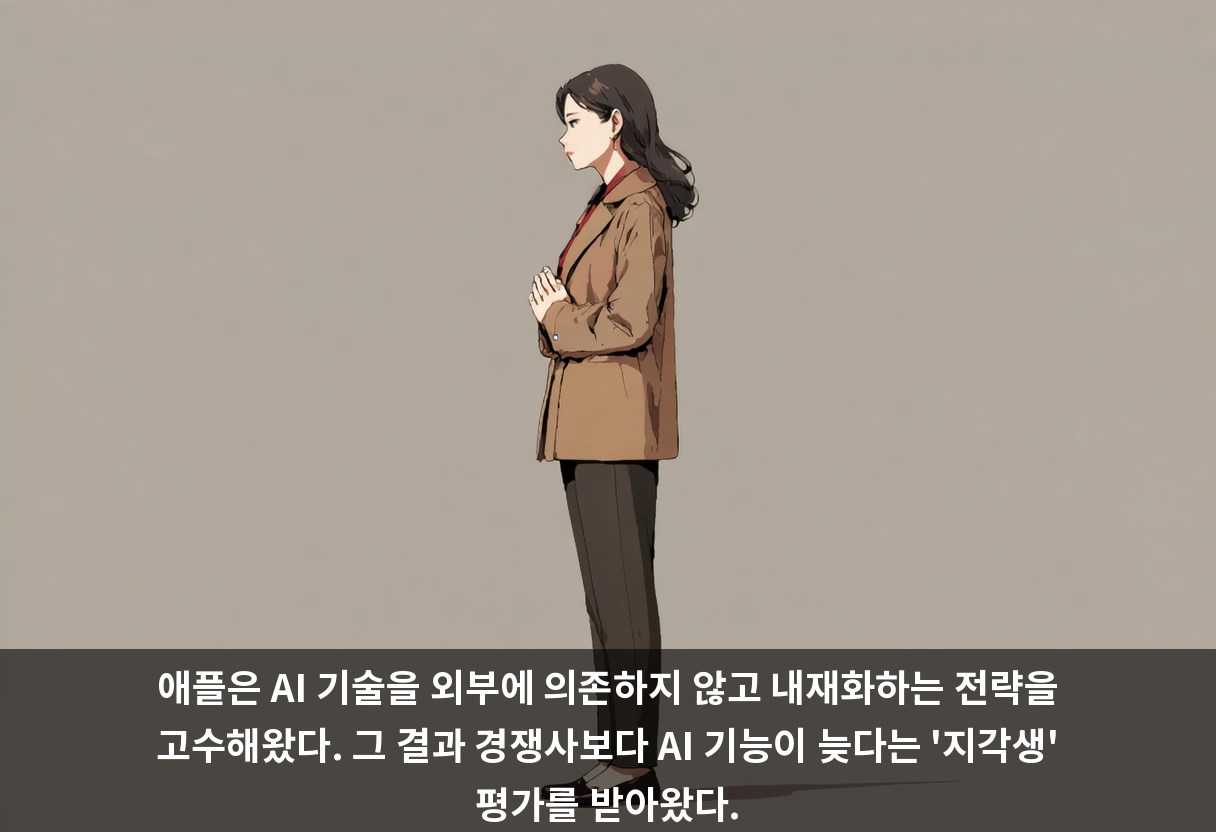 애플은 AI 기술을 외부에 의존하지 않고 내재화하는 전략을 고수해왔다. 그 결과 경쟁사보다 AI 기능이 늦다는 '지각생' 평가를 받아왔다.