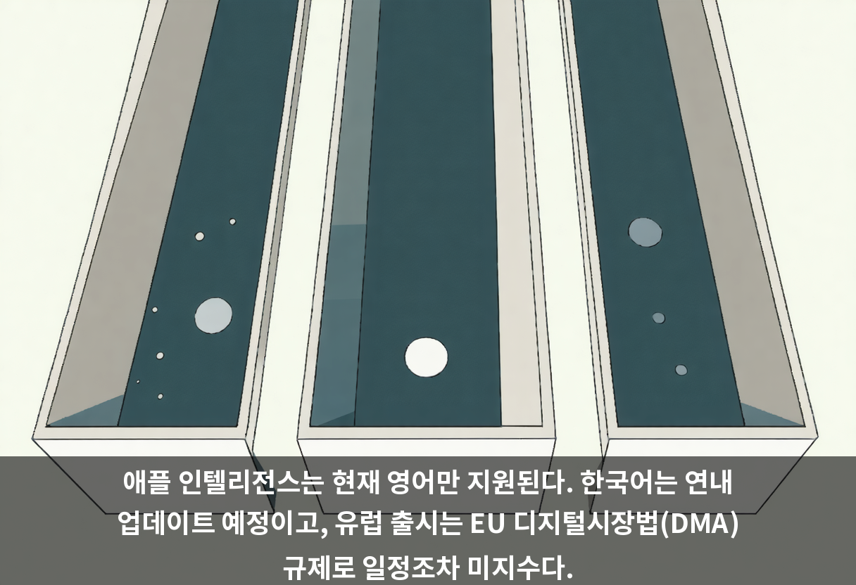 애플 인텔리전스는 현재 영어만 지원된다. 한국어는 연내 업데이트 예정이고, 유럽 출시는 EU 디지털시장법(DMA) 규제로 일정조차 미지수다.