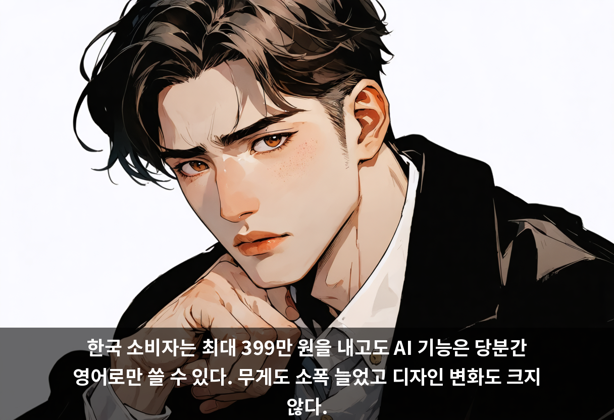 한국 소비자는 최대 399만 원을 내고도 AI 기능은 당분간 영어로만 쓸 수 있다. 무게도 소폭 늘었고 디자인 변화도 크지 않다.