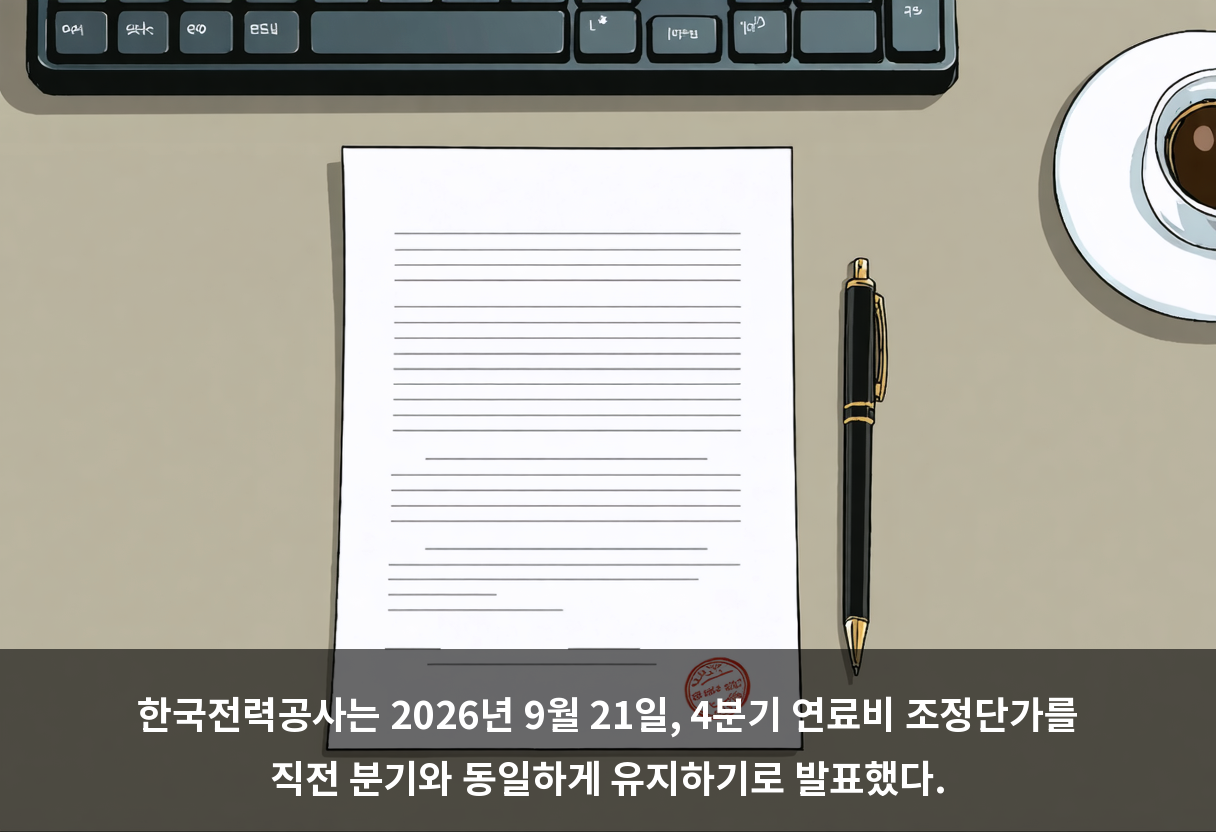한국전력공사는 2026년 9월 21일, 4분기 연료비 조정단가를 직전 분기와 동일하게 유지하기로 발표했다.