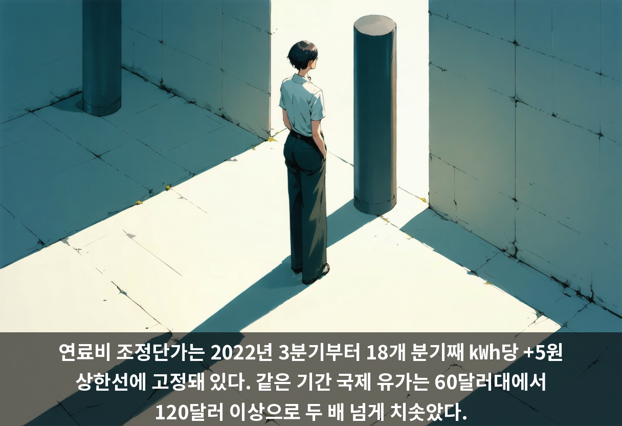 연료비 조정단가는 2022년 3분기부터 18개 분기째 ㎾h당 +5원 상한선에 고정돼 있다. 같은 기간 국제 유가는 60달러대에서 120달러 이상으로 두 배 넘게 치솟았다.