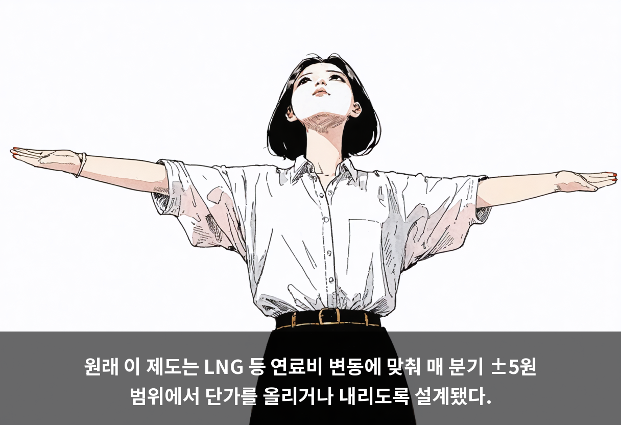 원래 이 제도는 LNG 등 연료비 변동에 맞춰 매 분기 ±5원 범위에서 단가를 올리거나 내리도록 설계됐다.