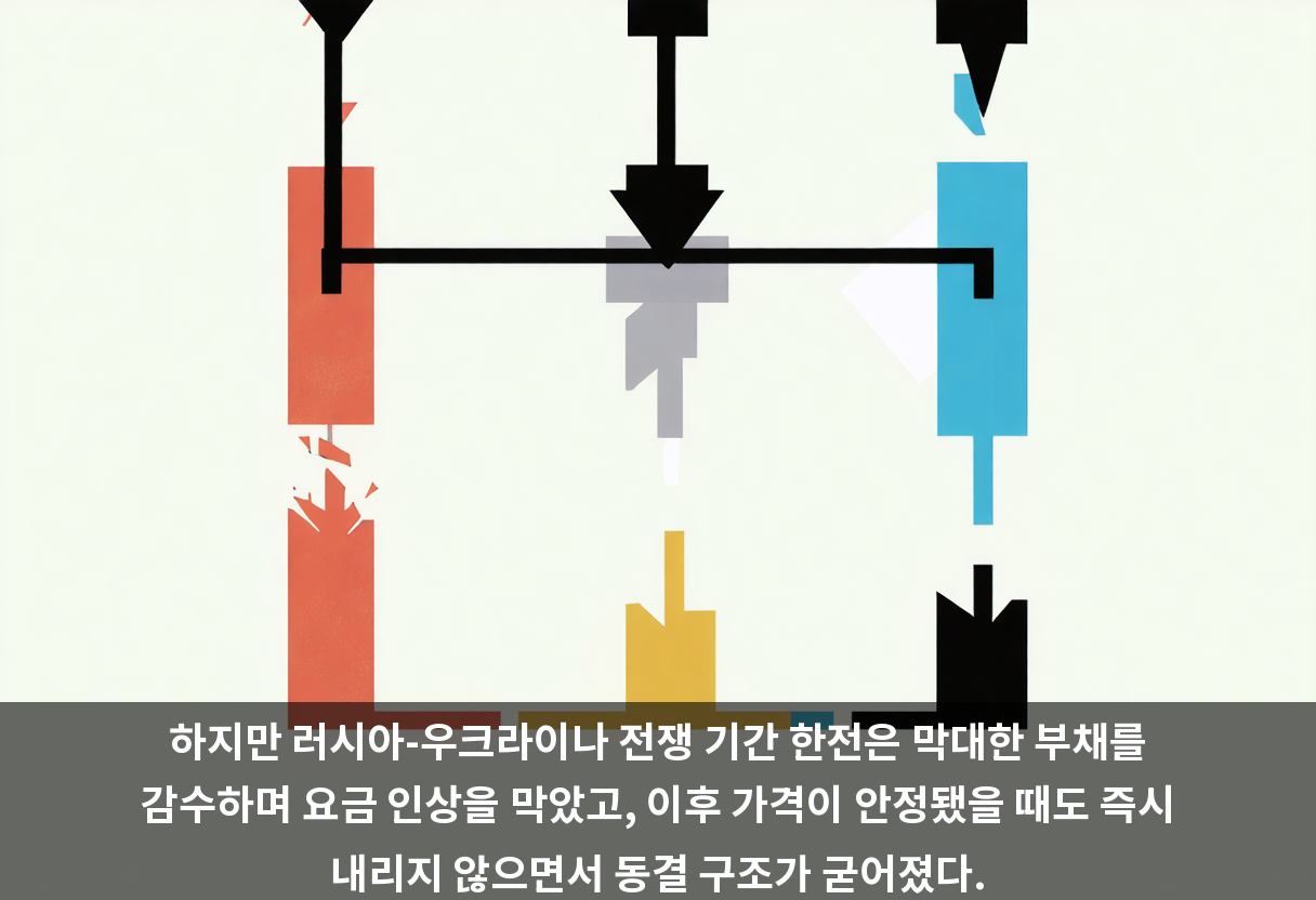 하지만 러시아-우크라이나 전쟁 기간 한전은 막대한 부채를 감수하며 요금 인상을 막았고, 이후 가격이 안정됐을 때도 즉시 내리지 않으면서 동결 구조가 굳어졌다.