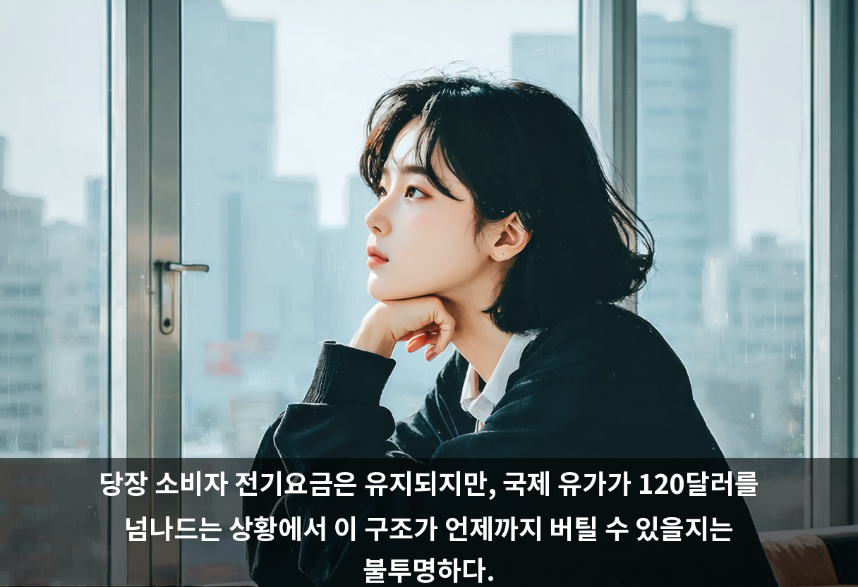 당장 소비자 전기요금은 유지되지만, 국제 유가가 120달러를 넘나드는 상황에서 이 구조가 언제까지 버틸 수 있을지는 불투명하다.