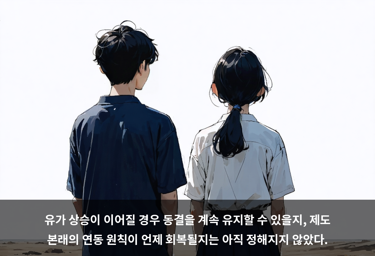 유가 상승이 이어질 경우 동결을 계속 유지할 수 있을지, 제도 본래의 연동 원칙이 언제 회복될지는 아직 정해지지 않았다.