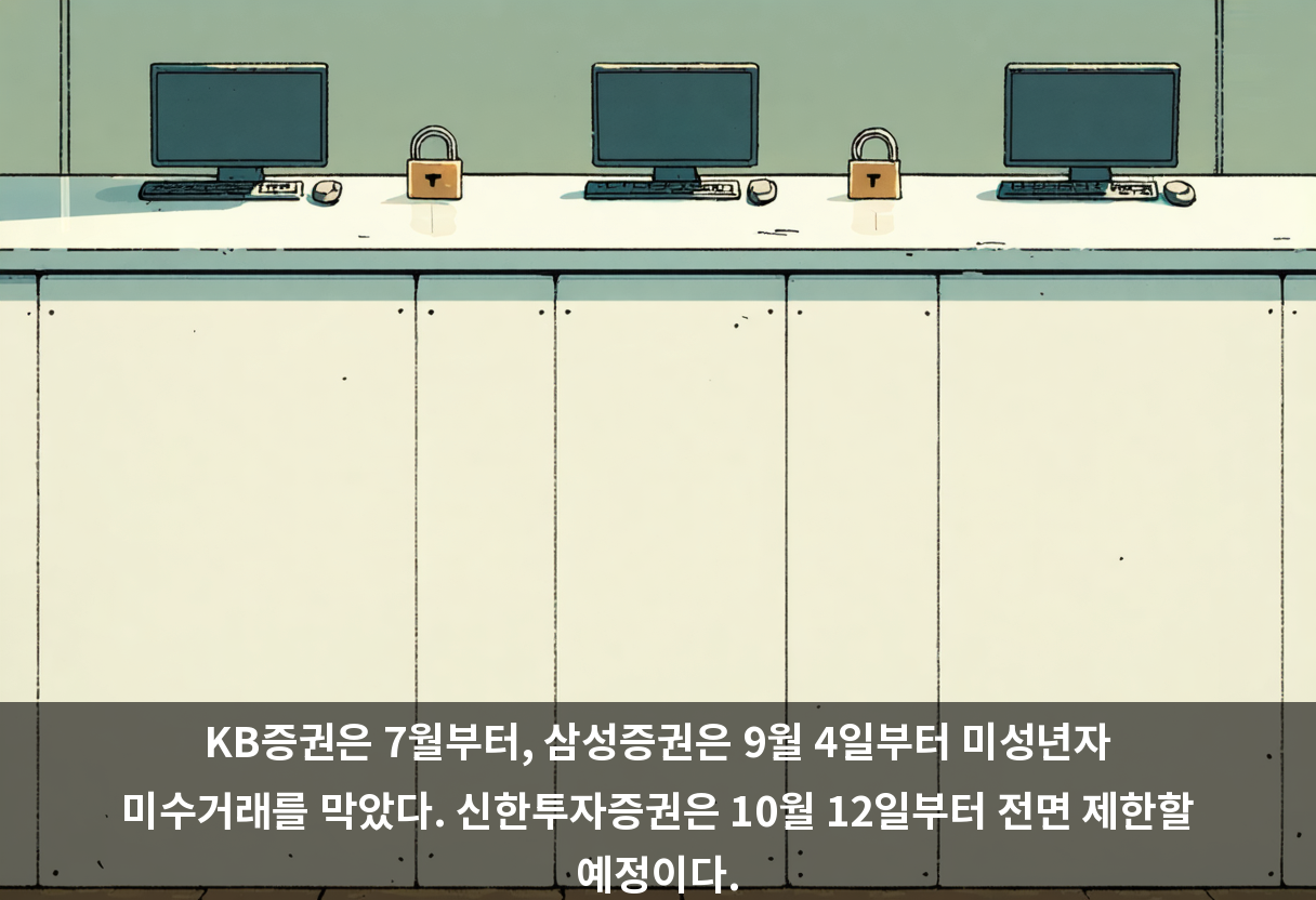 KB증권은 7월부터, 삼성증권은 9월 4일부터 미성년자 미수거래를 막았다. 신한투자증권은 10월 12일부터 전면 제한할 예정이다.