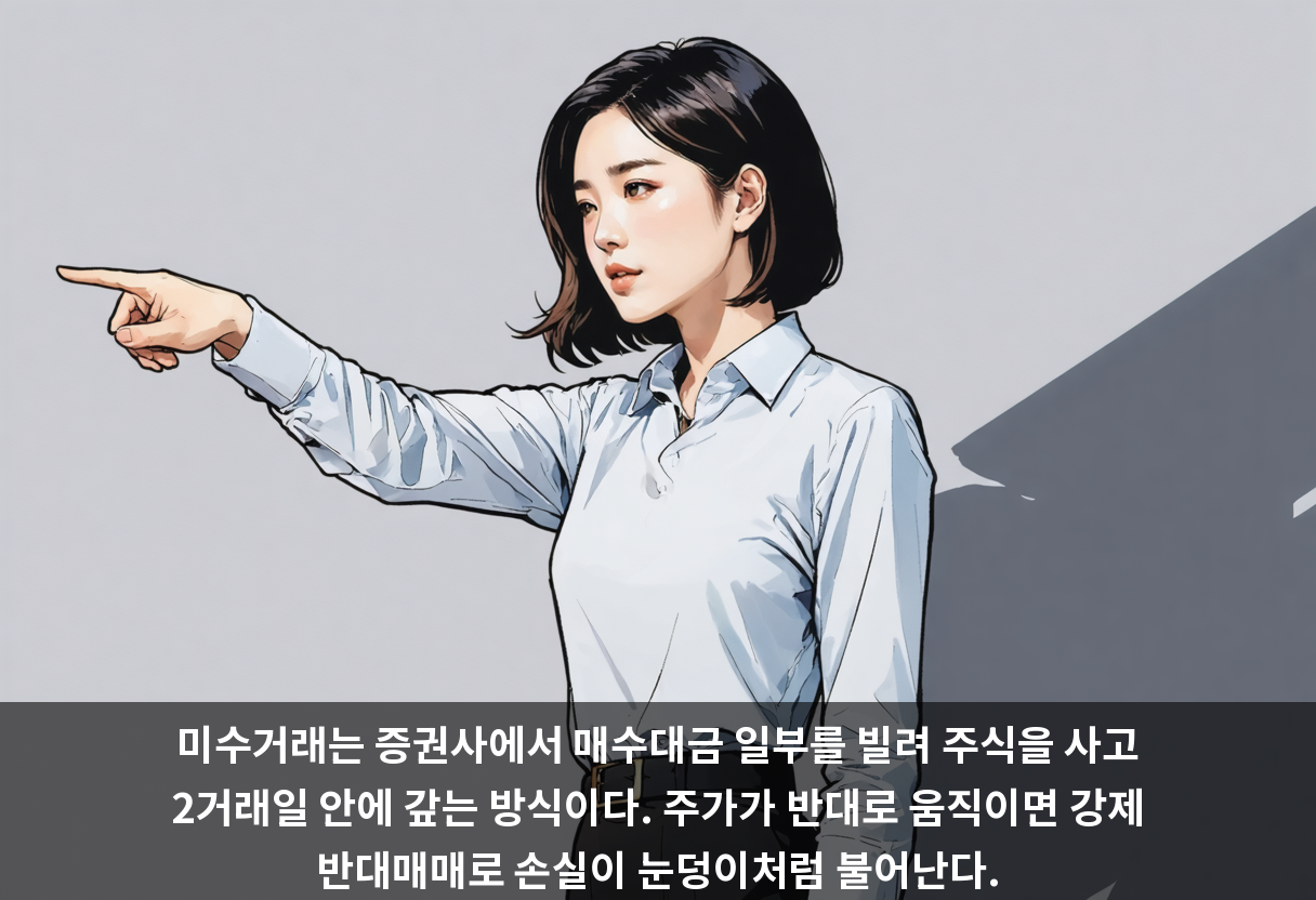 미수거래는 증권사에서 매수대금 일부를 빌려 주식을 사고 2거래일 안에 갚는 방식이다. 주가가 반대로 움직이면 강제 반대매매로 손실이 눈덩이처럼 불어난다.