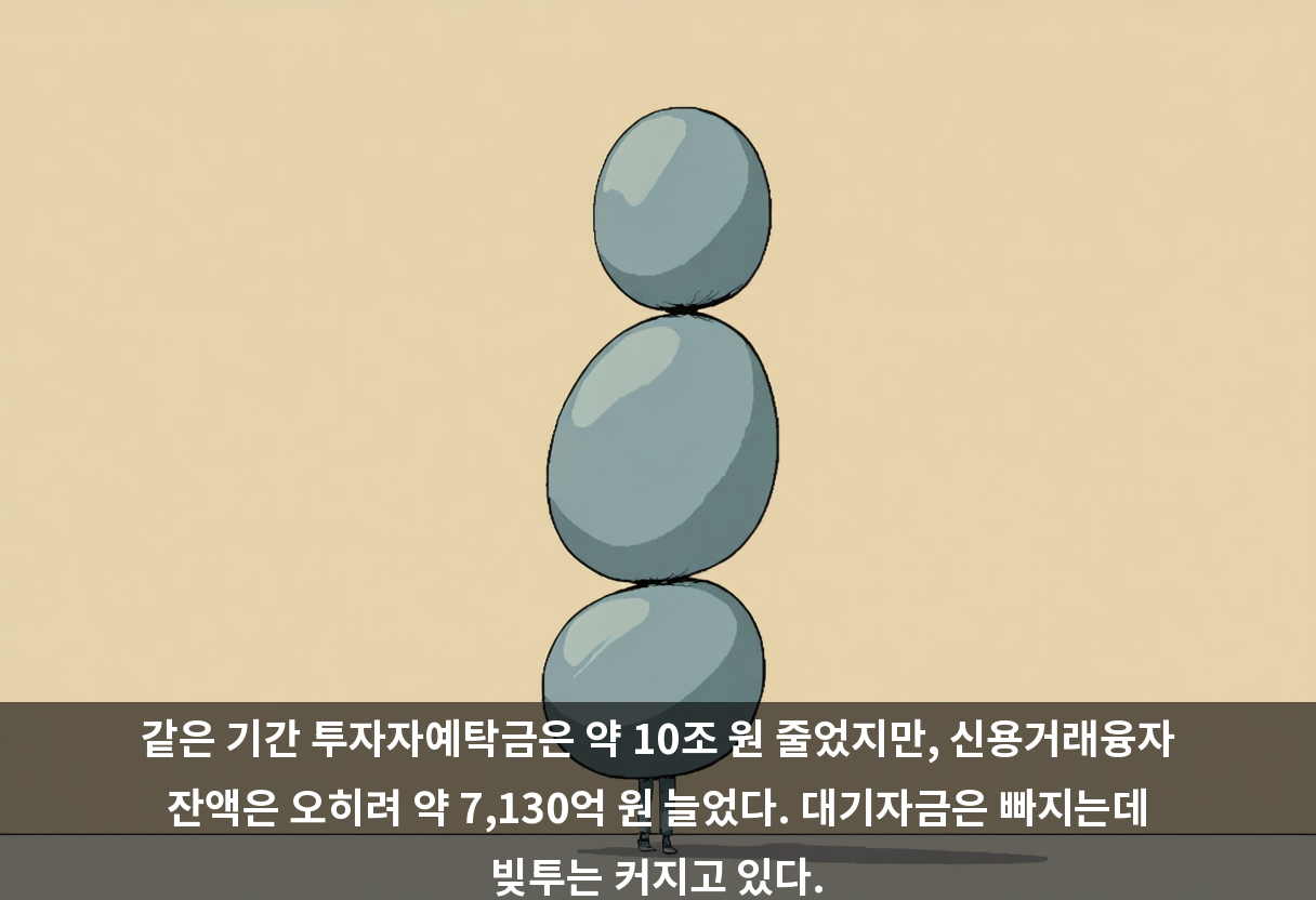 같은 기간 투자자예탁금은 약 10조 원 줄었지만, 신용거래융자 잔액은 오히려 약 7,130억 원 늘었다. 대기자금은 빠지는데 빚투는 커지고 있다.
