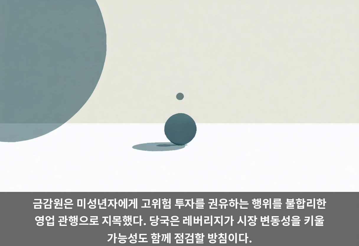금감원은 미성년자에게 고위험 투자를 권유하는 행위를 불합리한 영업 관행으로 지목했다. 당국은 레버리지가 시장 변동성을 키울 가능성도 함께 점검할 방침이다.