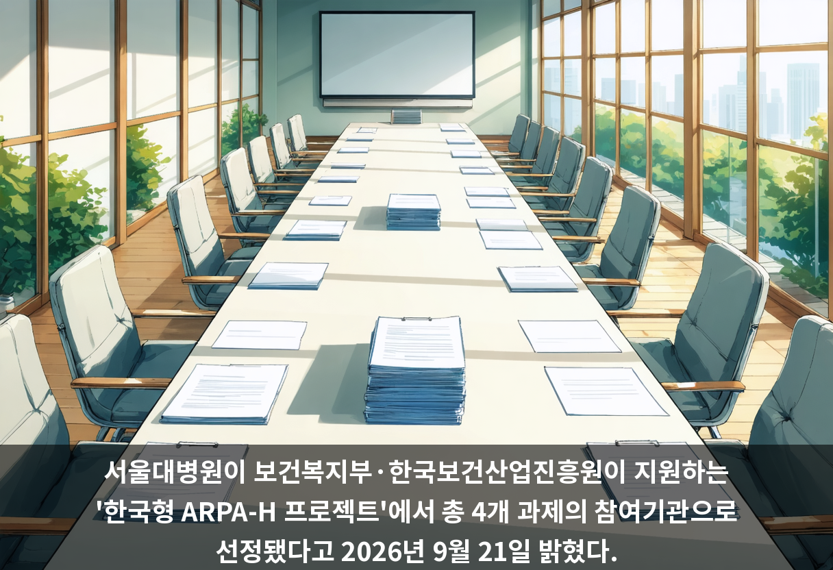 서울대병원이 보건복지부·한국보건산업진흥원이 지원하는 '한국형 ARPA-H 프로젝트'에서 총 4개 과제의 참여기관으로 선정됐다고 2026년 9월 21일 밝혔다.