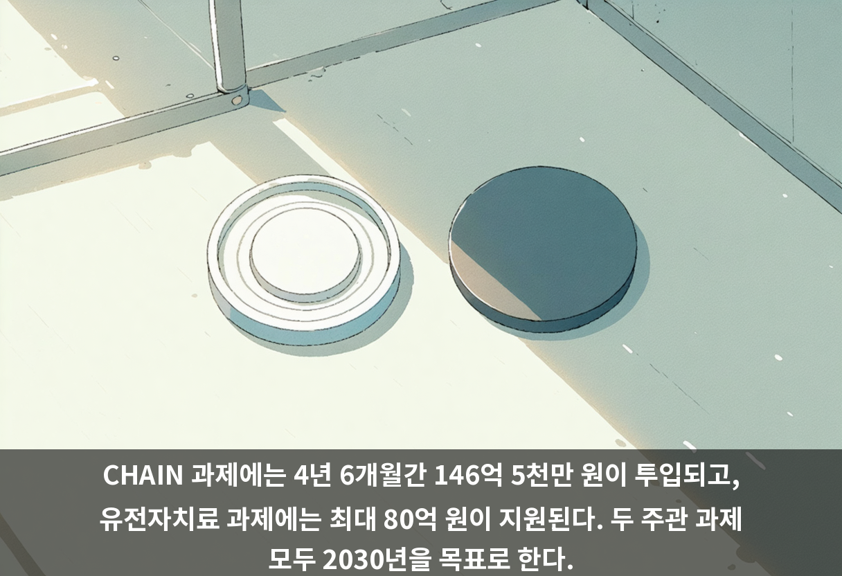 CHAIN 과제에는 4년 6개월간 146억 5천만 원이 투입되고, 유전자치료 과제에는 최대 80억 원이 지원된다. 두 주관 과제 모두 2030년을 목표로 한다.