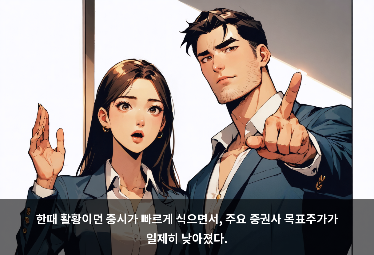 한때 활황이던 증시가 빠르게 식으면서, 주요 증권사 목표주가가 일제히 낮아졌다.