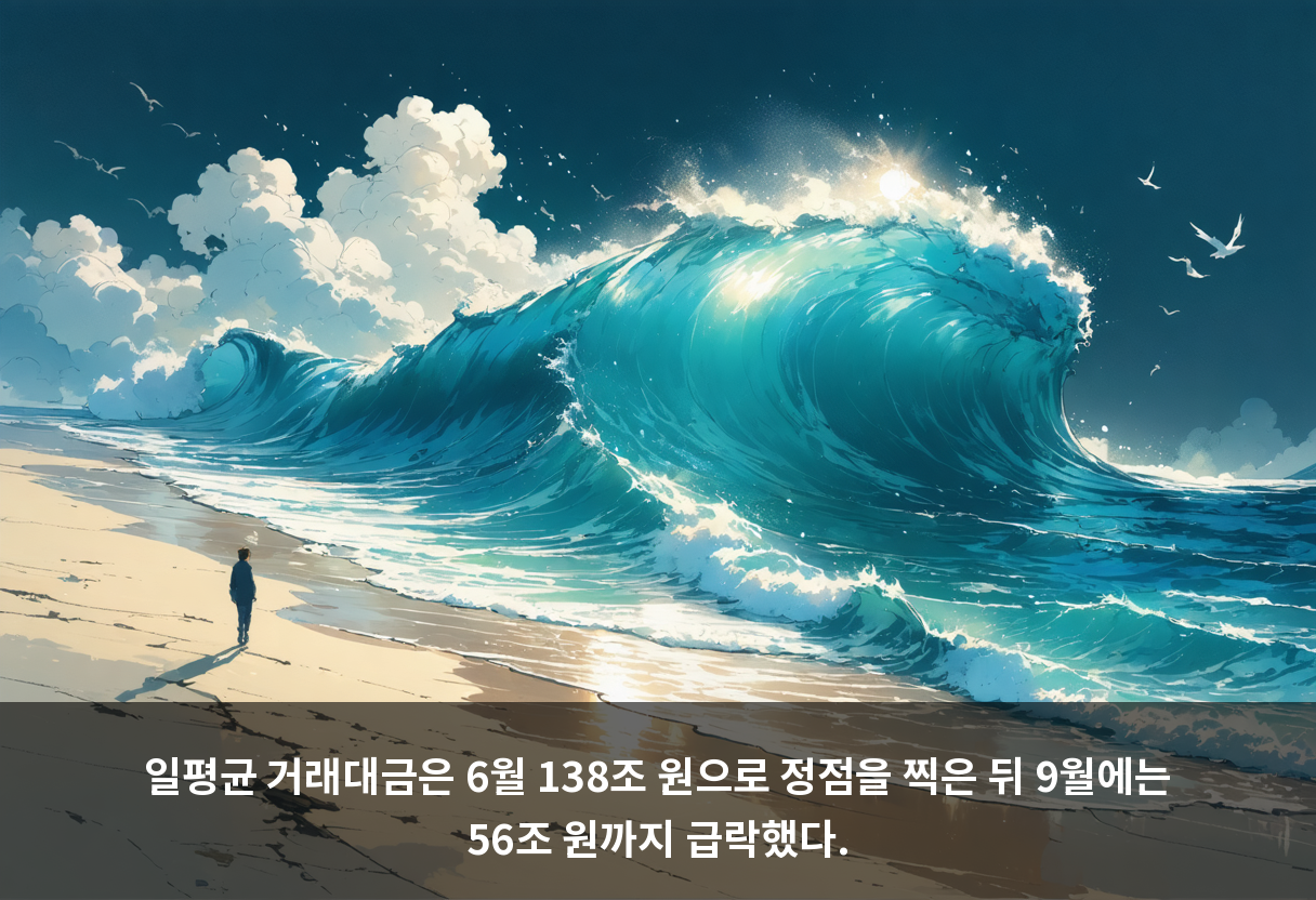 일평균 거래대금은 6월 138조 원으로 정점을 찍은 뒤 9월에는 56조 원까지 급락했다.