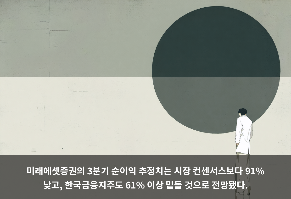 미래에셋증권의 3분기 순이익 추정치는 시장 컨센서스보다 91% 낮고, 한국금융지주도 61% 이상 밑돌 것으로 전망됐다.