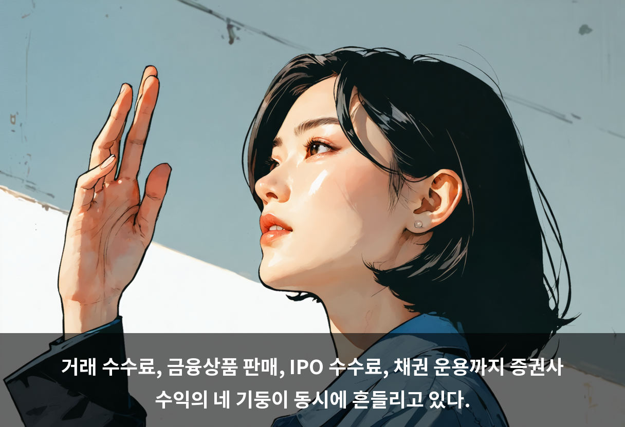 거래 수수료, 금융상품 판매, IPO 수수료, 채권 운용까지 증권사 수익의 네 기둥이 동시에 흔들리고 있다.