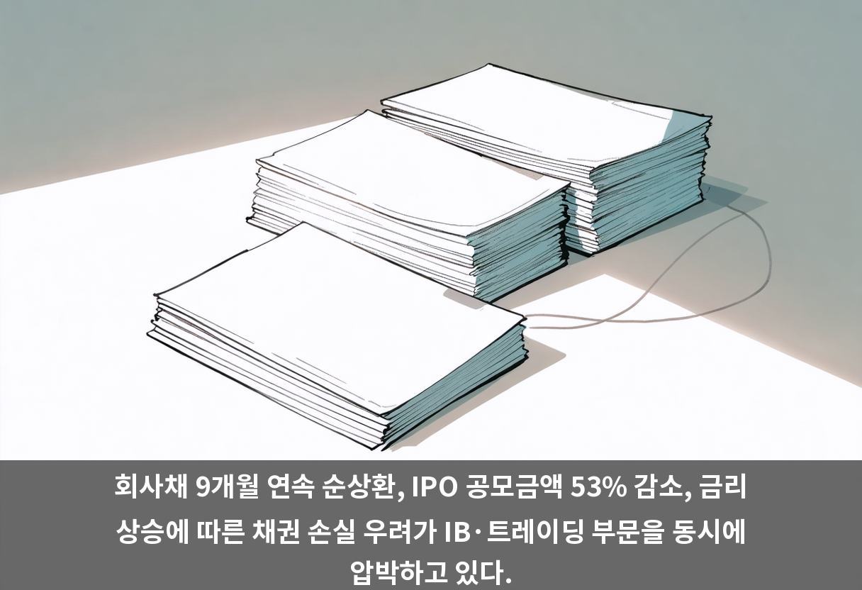 회사채 9개월 연속 순상환, IPO 공모금액 53% 감소, 금리 상승에 따른 채권 손실 우려가 IB·트레이딩 부문을 동시에 압박하고 있다.