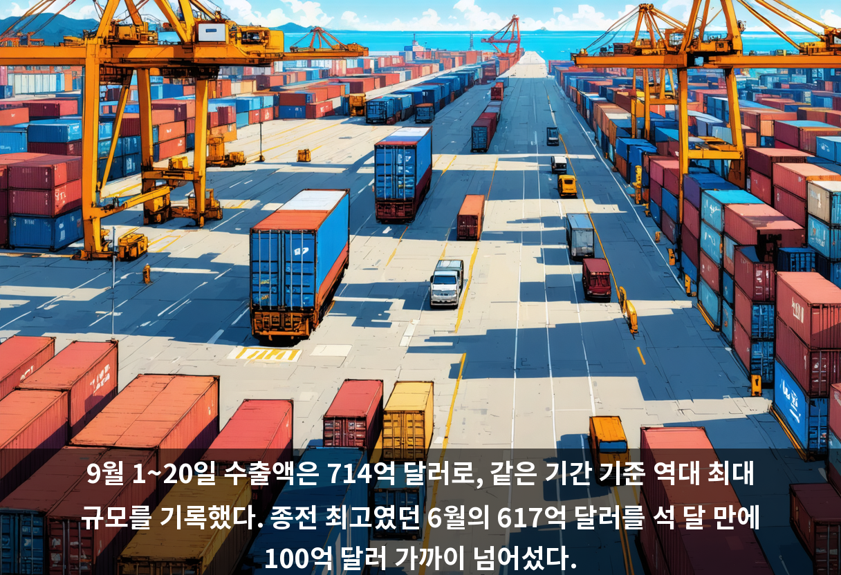 9월 1~20일 수출액은 714억 달러로, 같은 기간 기준 역대 최대 규모를 기록했다. 종전 최고였던 6월의 617억 달러를 석 달 만에 100억 달러 가까이 넘어섰다.