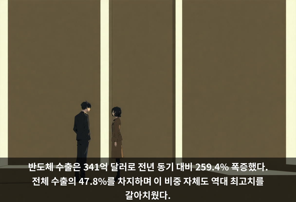 반도체 수출은 341억 달러로 전년 동기 대비 259.4% 폭증했다. 전체 수출의 47.8%를 차지하며 이 비중 자체도 역대 최고치를 갈아치웠다.