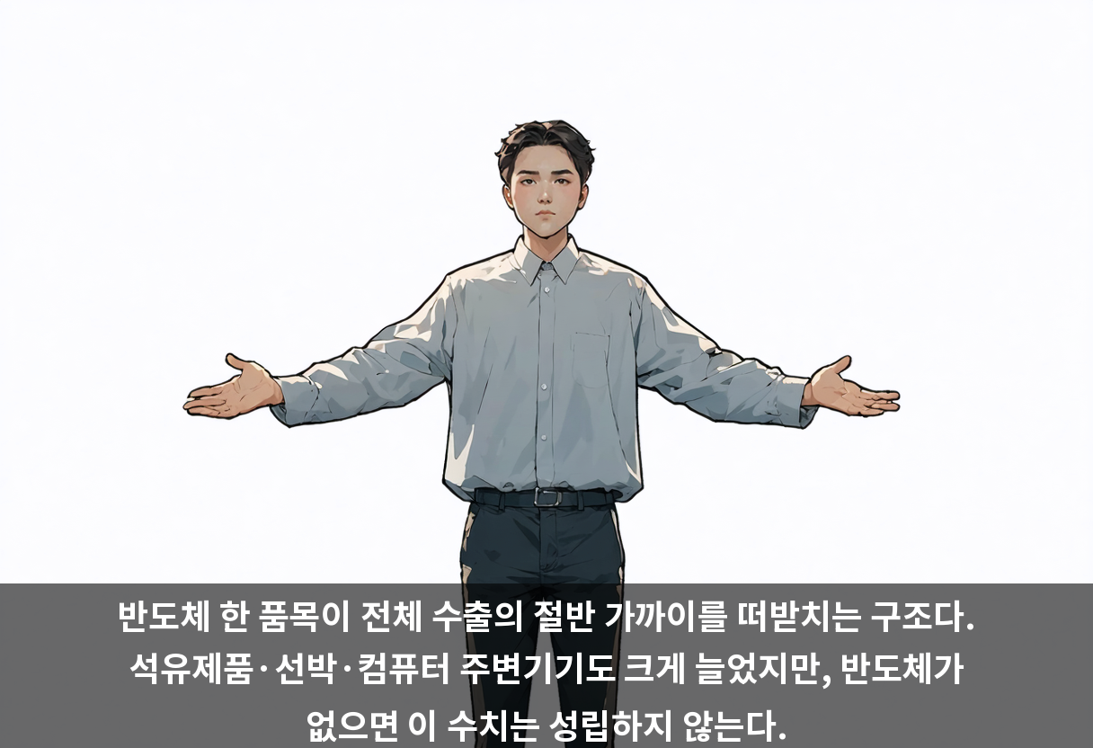 반도체 한 품목이 전체 수출의 절반 가까이를 떠받치는 구조다. 석유제품·선박·컴퓨터 주변기기도 크게 늘었지만, 반도체가 없으면 이 수치는 성립하지 않는다.