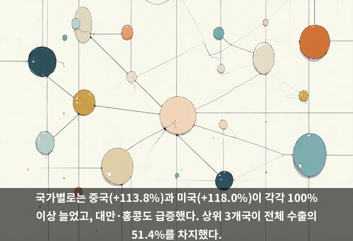 국가별로는 중국(+113.8%)과 미국(+118.0%)이 각각 100% 이상 늘었고, 대만·홍콩도 급증했다. 상위 3개국이 전체 수출의 51.4%를 차지했다.