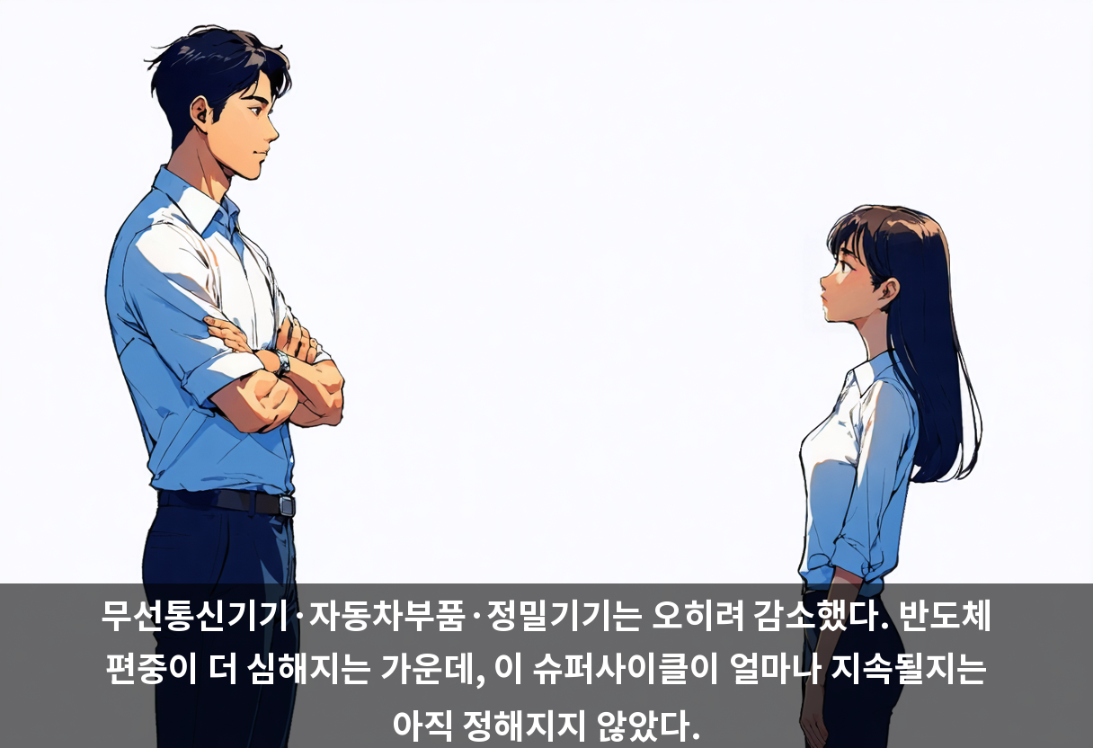 무선통신기기·자동차부품·정밀기기는 오히려 감소했다. 반도체 편중이 더 심해지는 가운데, 이 슈퍼사이클이 얼마나 지속될지는 아직 정해지지 않았다.