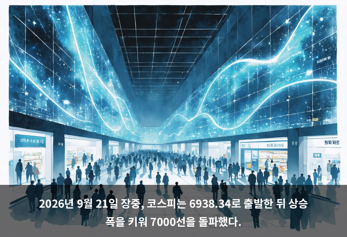 2026년 9월 21일 장중, 코스피는 6938.34로 출발한 뒤 상승 폭을 키워 7000선을 돌파했다.