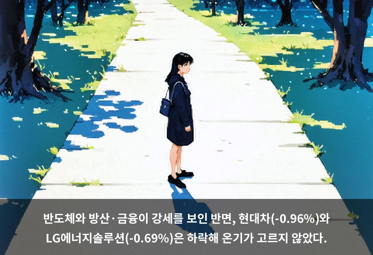 반도체와 방산·금융이 강세를 보인 반면, 현대차(-0.96%)와 LG에너지솔루션(-0.69%)은 하락해 온기가 고르지 않았다.