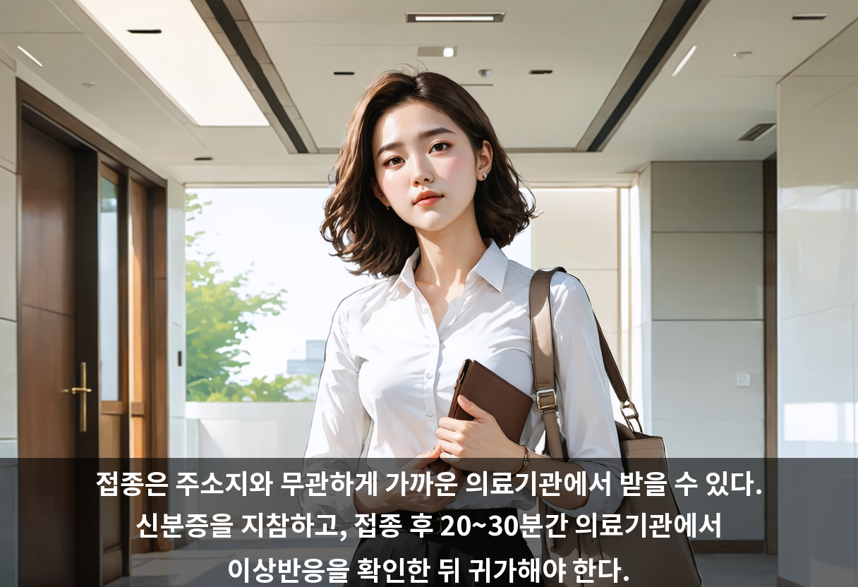 접종은 주소지와 무관하게 가까운 의료기관에서 받을 수 있다. 신분증을 지참하고, 접종 후 20~30분간 의료기관에서 이상반응을 확인한 뒤 귀가해야 한다.