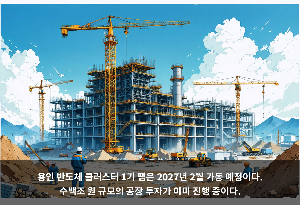 용인 반도체 클러스터 1기 팹은 2027년 2월 가동 예정이다. 수백조 원 규모의 공장 투자가 이미 진행 중이다.